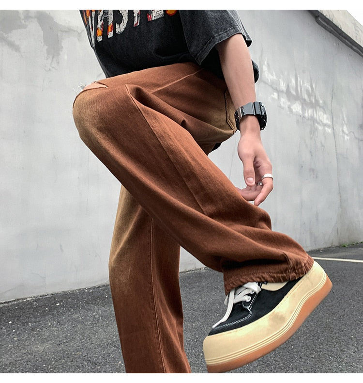 sanyamk Hole Brown Jeans Men Fashion Retro Ripped Baggy Jeans Men Streetwear Loose Hip Hop Straight Denim Pants Mens Trousers M-2XL