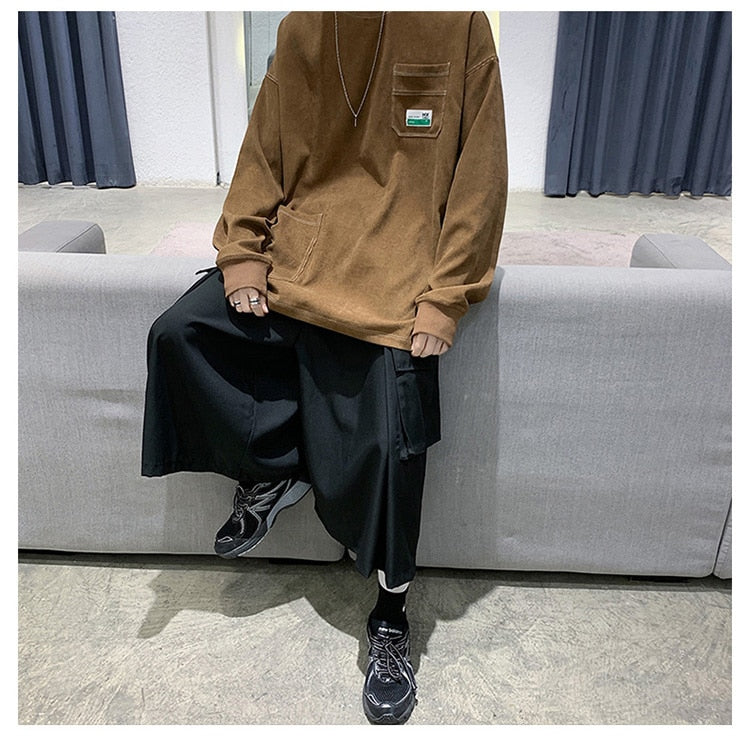 sanyamk Y2k Corduroy Pockets Graphic T Shirts Long Sleeve 2022 Harajuku Streetwear Hip Hop Oversized T-shirts Funny Black Tee