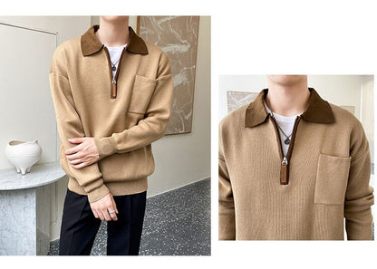 sanyamk Autumn New Knitted Sweater Men Business Casual Patchwork Polo Lapel Zipper Sweater Harajuku Mens Loose Japanese Pullove