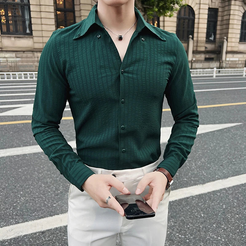 Bonsir Autumn Winter British Style V-neck Striped Shirt Men Slim Fit Casual Shirts Fashion Business Social Formal Dress Shirts 4XL