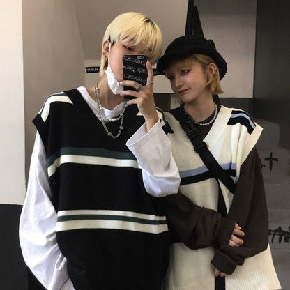 sanyamk Couples Knitted Sweater Vest Japanese Pullover Retro Men Korean Fashion Loose Stripe Loose Casual Harajuku V Neck Golf Vest Men