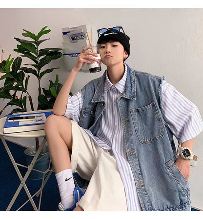 Bonsir Denim Sleeveless Jacket Men Fashion Oversized Harajuku Denim Jeans Casual Jeans Waistcoat Cowboy Hip Hop Streetwear Clothing