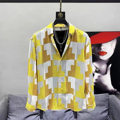 sanyamk Spring and Summer Autumn Fashion Classic Niche Design Ruffian Handsome Loose Casual Contrast Color Houndstooth Men's Shirt