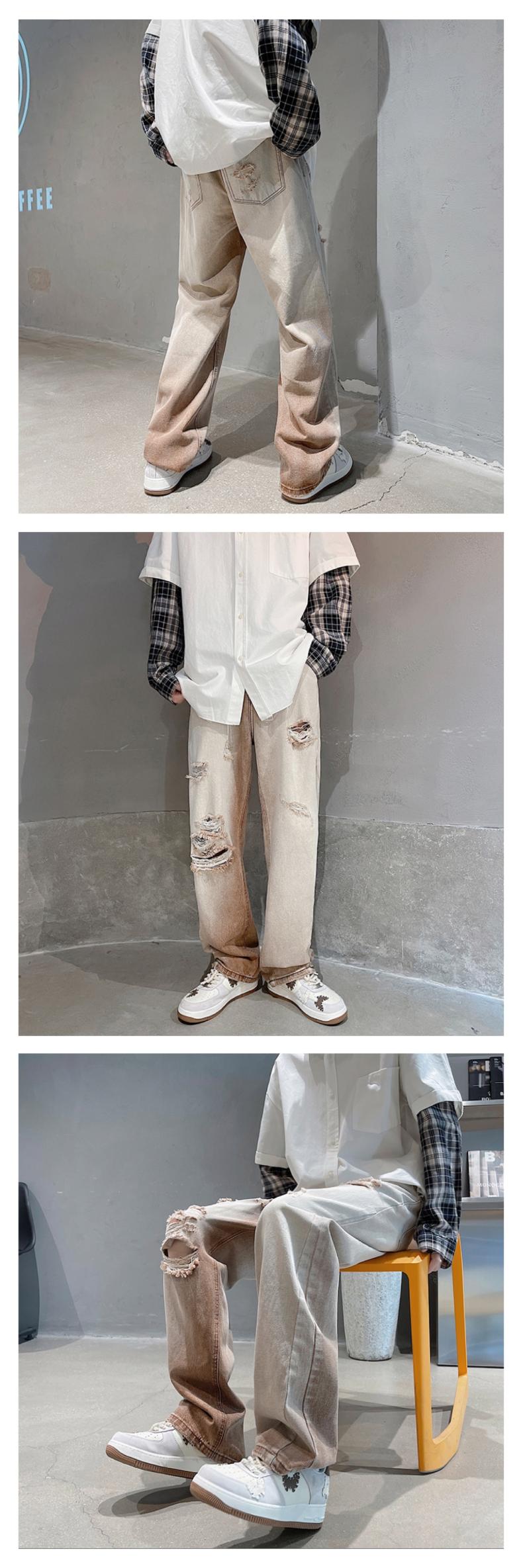 sanyamk Hole Brown Jeans Men Fashion Retro Ripped Baggy Jeans Men Streetwear Loose Hip Hop Straight Denim Pants Mens Trousers M-2XL