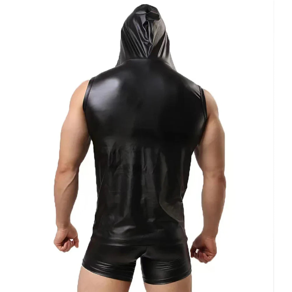 sanyamk Mens Undershirt Sexy Faux Leather Sleeveless T-Shirt Breathable Singletss Hooded Vest Top Tee Shirt Hoodie Dance Costume