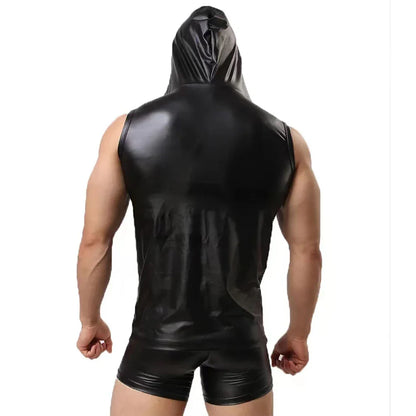 sanyamk Mens Undershirt Sexy Faux Leather Sleeveless T-Shirt Breathable Singletss Hooded Vest Top Tee Shirt Hoodie Dance Costume