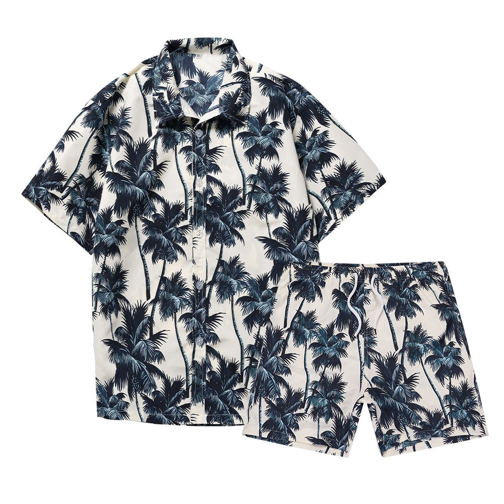 sanyamk Summer Men's Beach Casual Suit Handsome Short-sleeved Shorts Coconut Tree Print Vacation Hawaiian Shirt Shorts Two-piece Set