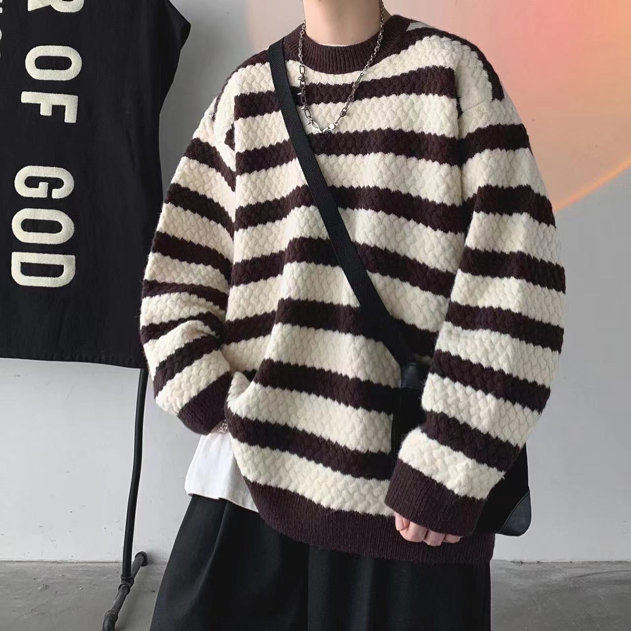 sanyamk Winter Men's Stripe Printing Coats Round Neck Wool Sweater Retro Loose Pullover Fashion Trend Thickened Knitting M-2XL