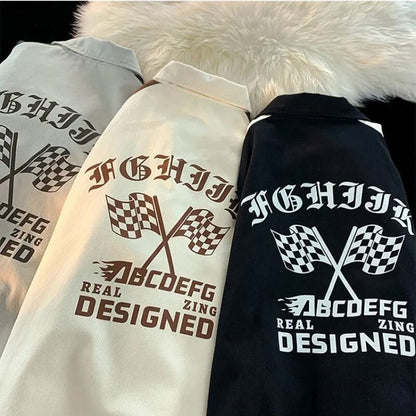 Bonsir American Vintage Racing Jacket Men Cycling Lapel Jacket Women BF Letter Varsity Coat Oversize High Street Vibe Baseball Uniform