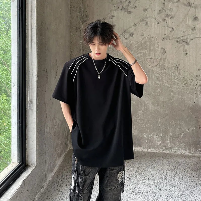 sanyamk  -  Men T-shirt Striped Shoulder Pad Short Sleeve Tee Fashion Oversized t-shirts for men Korean Style Hip Hop Clothes Black White
