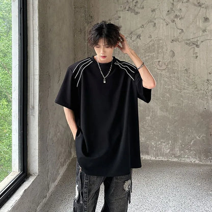 sanyamk  -  Men T-shirt Striped Shoulder Pad Short Sleeve Tee Fashion Oversized t-shirts for men Korean Style Hip Hop Clothes Black White