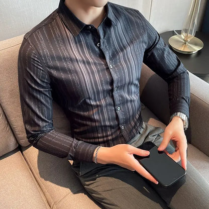 sanyamk Spring Autumn Striped Printing Bottoming Shirt Men Korean Fashion Long Sleeve Vintage Business Casual Blouse Male Cardigans Top