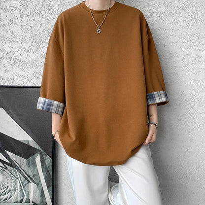 sanyamk  -  8XL-M Spring Summer Men's Ice Silk T-shirts Women Oversized Plaid T-shirt Korean Style Casual Seven sleeves T-Shirt Male