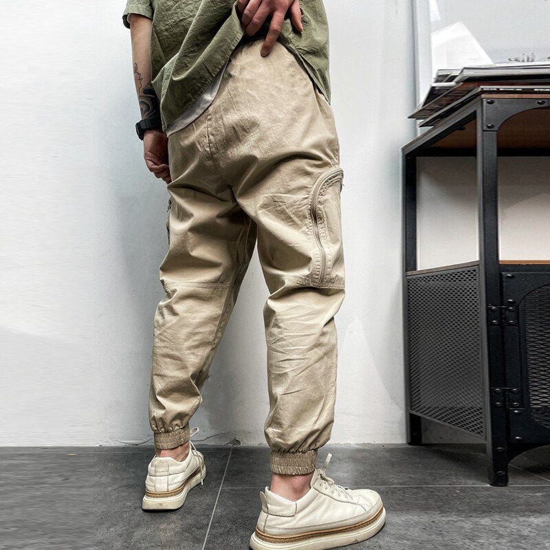 Bonsir Cargo Pants Men Fashion Zippered Pockets Long Pant For Mens Autumn Casual Solid Color Tight Foot Trousers Male Streetwear Summer