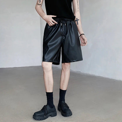 sanyamk Summer Leather Shorts Men Fashion Black Motorcycle Shorts Mens Streetwear Hip-hop Loose Leather Shorts Men Casual Shorts M-2XL