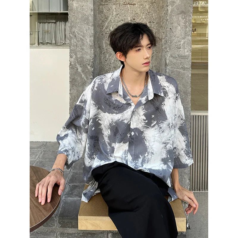 Bonsir Summer Short Sleeved Shirt Men Oversized Printed Casual Shirt Men Streetwear Korean Loose Tie Dye Shirts Mens Hawaiian Shirt