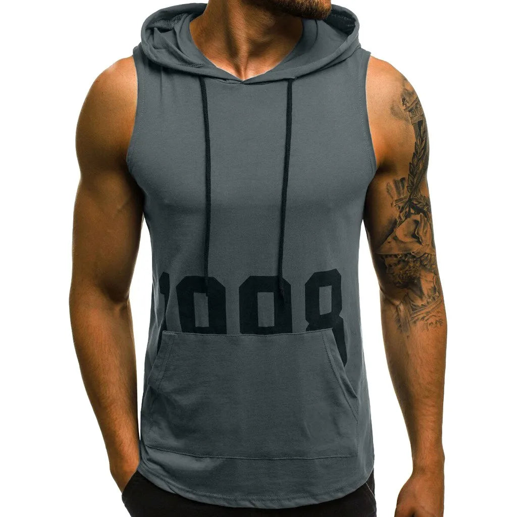 sanyamk Sports Tank Tops Men Fitness Muscle Print Sleeveless Hooded Bodybuilding Pocket Tight-drying Tops Summer Shirt For Men Clothing