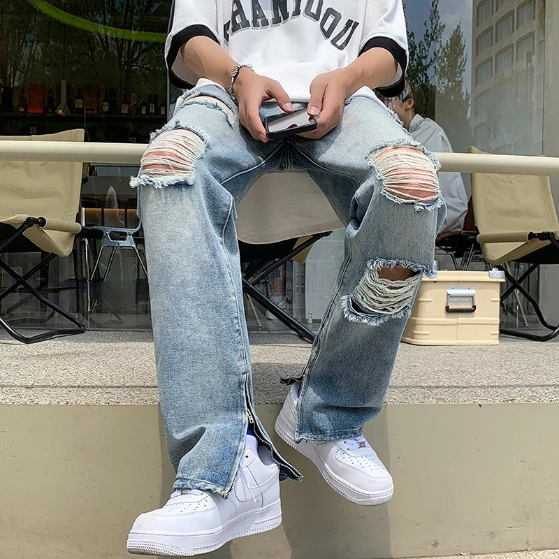 sanyamk Ripped Holes Jeans Men Summer Oversized M-5XL Denim Wide Leg Trousers Casual Retro Hip Hop Korean Fashion Zipper Decor Pants