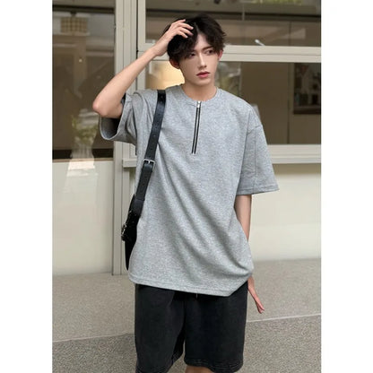 sanyamk  -  Summer Men's Oversized T-shirt Short Sleeve Tee Half Zipper Placket  Solid Cotton Casual t-shirts for men Clean Fit Boy Clothing