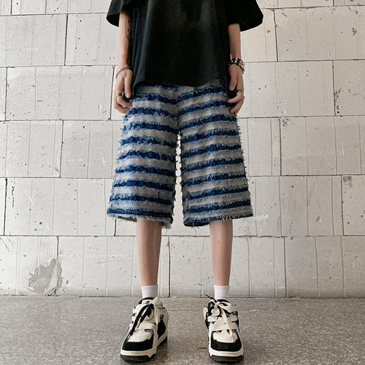 sanyamk New Men's Casual Shorts Rough Edge Contrast Striped Vintage Washed Shorts Streetwear Clothing Man