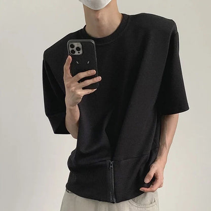 Bonsir Shoulder Pad Short Sleeve T Shirt Men's Retro Pullover Loose Design O Neck Top Half Sleeve Summer Zipper Half-sleeved Tees Shirt
