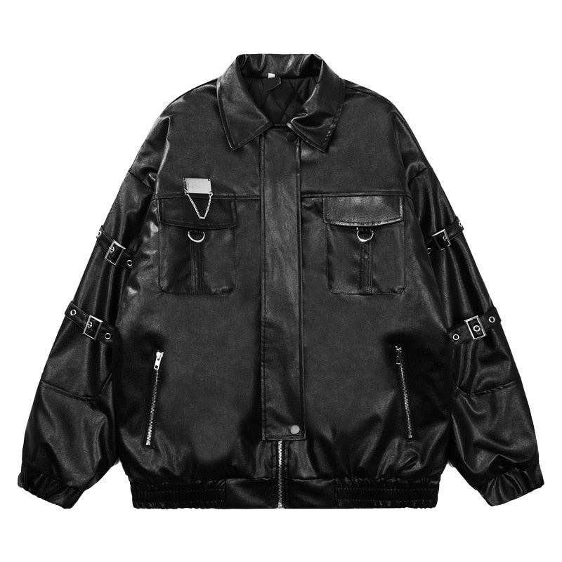 Bonsir Rainbowtouches Mens Motorcycle Jacket PU Leather Cargo Mutil Pocket Hip Hop Coat Parkas Thicken Jackets Black White Streetwear