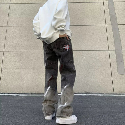 sanyamk High Street hiphop jeans Men's hip-hop Street work straight pants Black gray gradient speckled pants streetwear pantalon homme