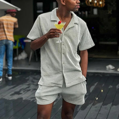 sanyamk  -  Casual Lapel Button Shirts&Shorts Set Men Clothing 2024 Short Sleeve Solid Beach Suits Fashion Striped Jacquard Two Piece Set