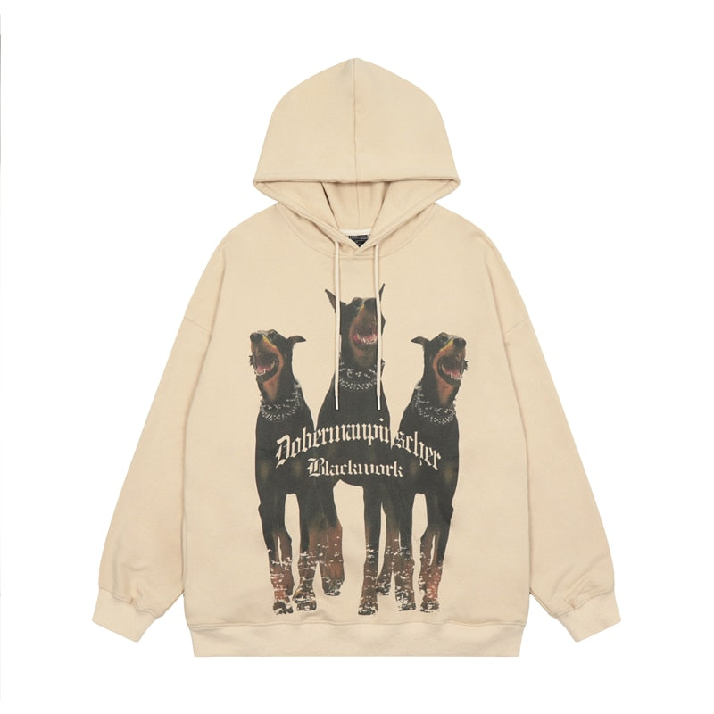 Bonsir Dog and Letter Painted Pullover Terry Hooded Hoodies Men's and Women's High Street Retro Casual Oversized Baggy Sweatshirts