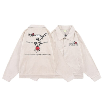 sanyamk Retro Harajuku Letter Floral Embroidery Thick Winter Clothes Men's High Street Solid Color Lapel Oversized Windbreaker Jackets