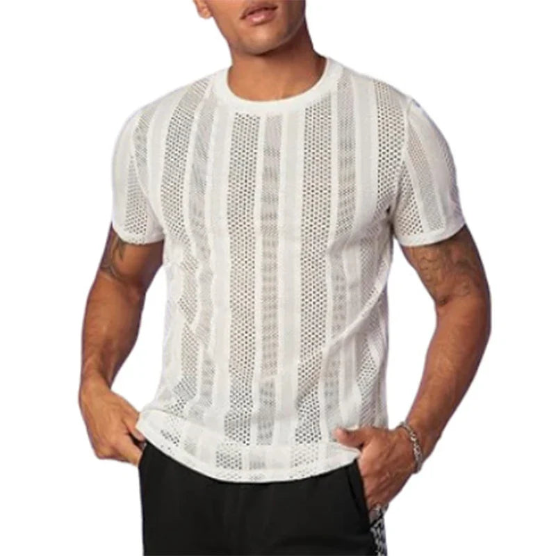 sanyamk 2024 Spring Summer Mens Casual Mesh Tops Short Sleeve O Neck Hollow Out T Shirts Fashion Solid Color See Through Breathable Top