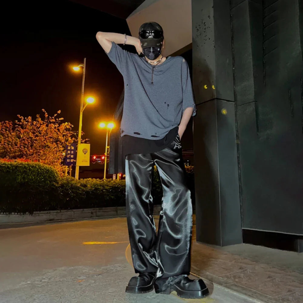 Bonsir 2024 Autumn Mens Wear Glossy Solid Color Satin Loose Casual Trousers Drape Wide Leg Stage Unisex Straight Leg Pants Streetwear