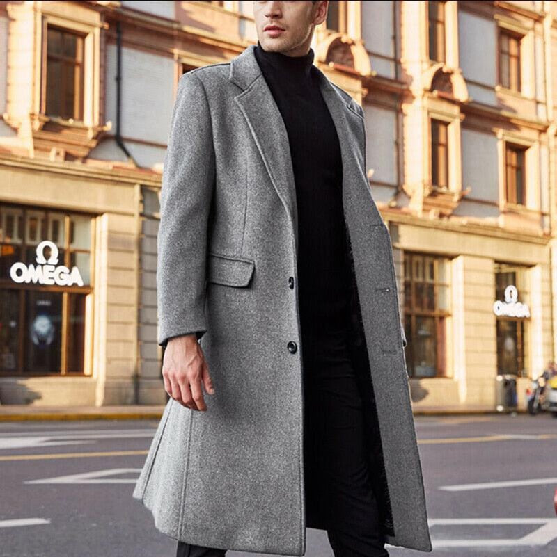 Bonsir Fashion Male Thick Notch Collar Woolen Coats Long Sleeve Midi Jackets Clothing Streetwear Vintage Solid Buttoned Blazer Jackets