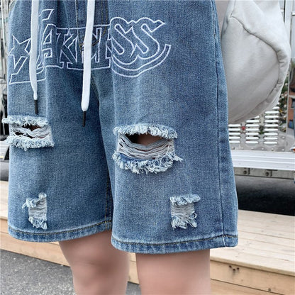 Bonsir Men's Denim Shorts Letter Embroidery Ripped Hole Short Jeans Women Wide Leg Shorts Hip Hop Drawstring Vintage Denim Pants Summer