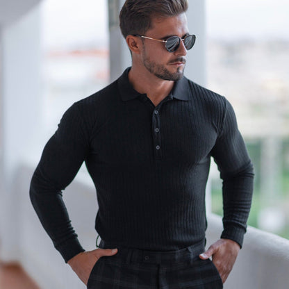 sanyamk Autumn Fashion Knit Long Sleeves Men Polo Shirt Casual Long Sleeve Pullovers Man Solid Sweaters Breathable Tops Men Clothing