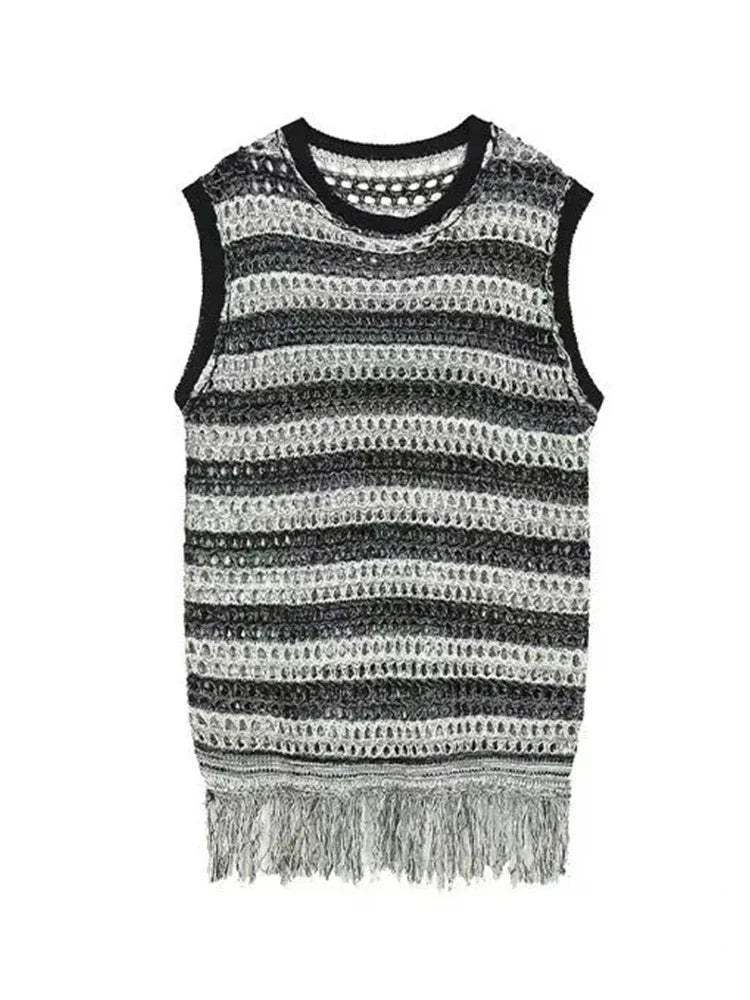 sanyamk Striped Mesh Vest for Men Vintage Knit Tank Tops Sleeveless Tee Male Casual Summer Beach Japanese Streetwear Hip Hop