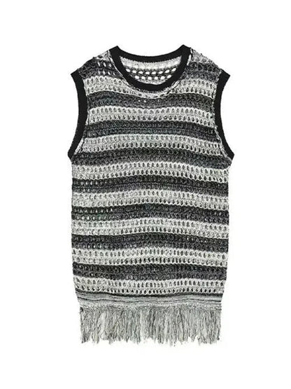 Bonsir Striped Mesh Vest for Men Vintage Knit Tank Tops Sleeveless Tee Male Casual Summer Beach Japanese Streetwear Hip Hop