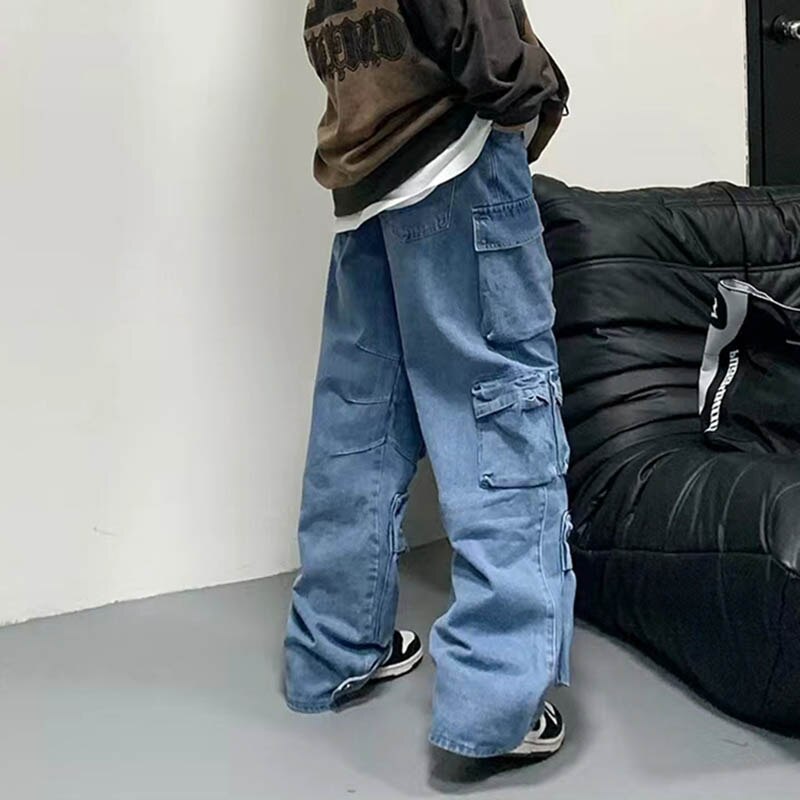 Bonsir Harajuku Solid Color Washed Blue Jeans Pants Men and Women Straight Streetwear Pockets Distressed Denim Cargo Trousers Oversize