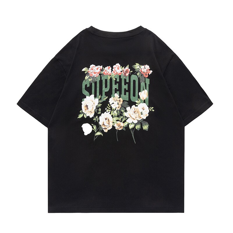 Bonsir Men's Flower Printed T-Shirts Letter Short Sleeve Loose Tshirts Streetwear Fashion Summer Oversize High-Quality Cotton Tops Tees