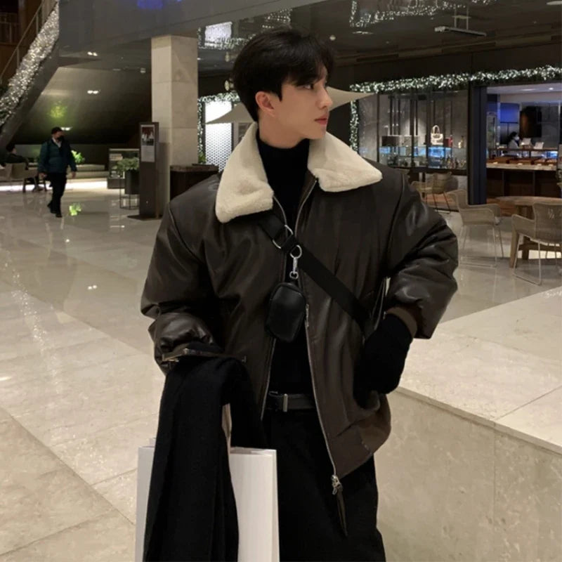 sanyamk Winter Jacket Men Warm Fashion Casual Thickened Leather Jacket Men Streetwear Korean Loose Short Coat Mens Thick Leather Coat