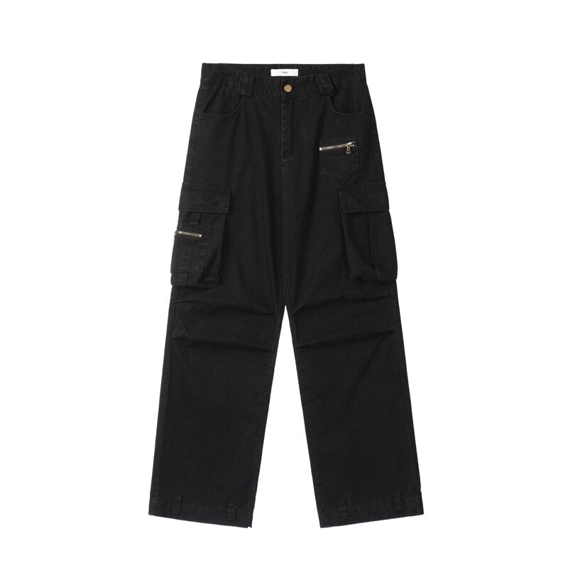 Bonsir Retro Multi-pockets Streetwear Wide Leg Casual Men's Cargo Pants Solid Color Straight Harajuku Hip Hop Loose Trousers Overalls