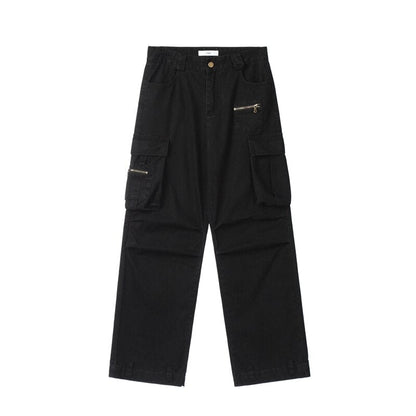 Bonsir Retro Multi-pockets Streetwear Wide Leg Casual Men's Cargo Pants Solid Color Straight Harajuku Hip Hop Loose Trousers Overalls