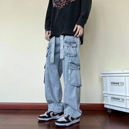 sanyamk Hip hop retro men and women street trend with multiple pockets straight leg workwear jeans spring loose wide leg casual pants