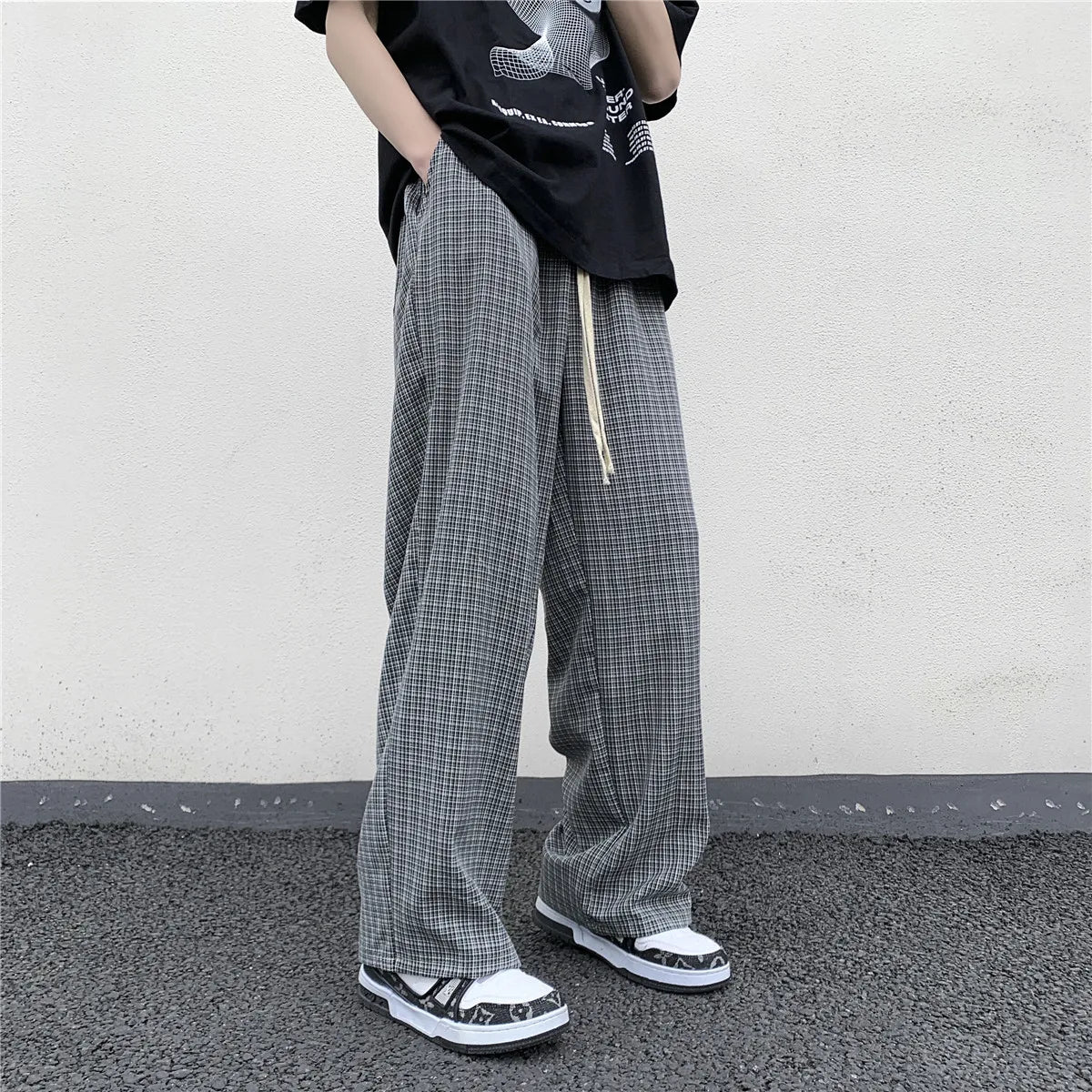 sanyamk  -  Summer/Autumn Plaid Pants Men Loose Casual Straight Trousers for Male/Female Harajuku Hip-hop Streetwear Wide-leg Mopping Pants