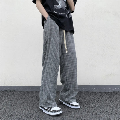 sanyamk  -  Summer/Autumn Plaid Pants Men Loose Casual Straight Trousers for Male/Female Harajuku Hip-hop Streetwear Wide-leg Mopping Pants