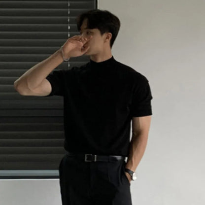 sanyamk  -  Business Casual Men's T-shirts Knitting Mock Neck Short Sleeve  Loose Male Tops Solid Color Minimalist New Summer 9C6418