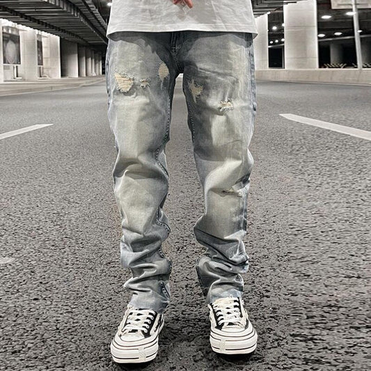 Bonsir Ripped Hole Distressed Black Blue Washed Men's Jeans Straight Casual Baggy Pockets Pencil Pants Streetwear Loose Denim Trousers