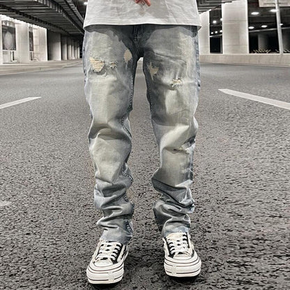 sanyamk Ripped Hole Distressed Black Blue Washed Men's Jeans Straight Casual Baggy Pockets Pencil Pants Streetwear Loose Denim Trousers