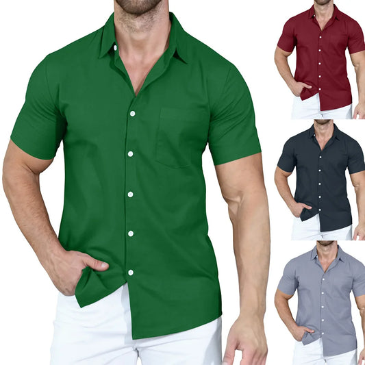 sanyamk 2024 Summer New Men's Shirts Cross border Solid Color Polo Button Loose Short Sleeve Shirt for Men