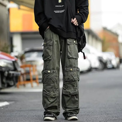 sanyamk Men's Multi-pockets Cargo Pants Autumn Vintage Solid Color Hiphop Overalls Baggy Casual High Street Mopping Trousers